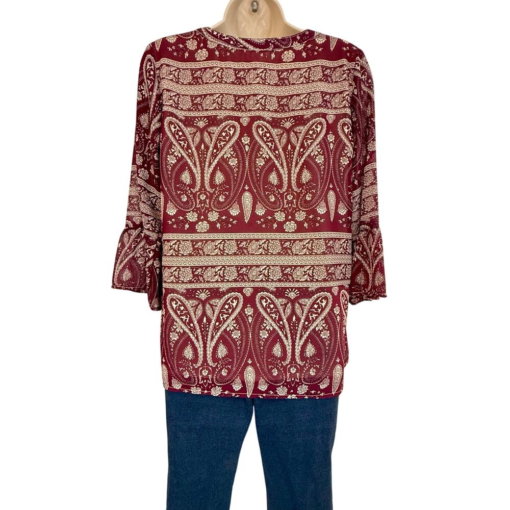 Skies Are Blue Maroon Tan Paisley Tunic Top Pleated V Neckline Grommet Accent - Picture 3 of 16